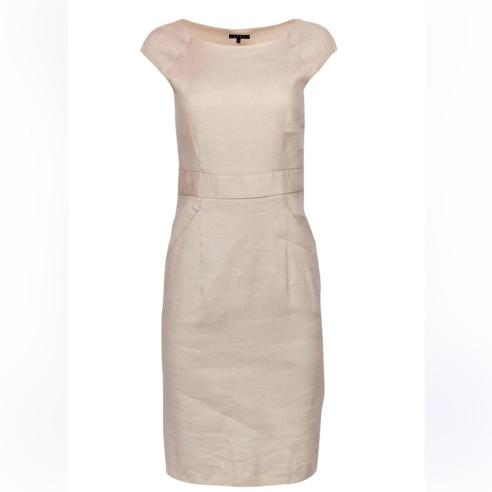 Theory Cap Sleeve Tan Linen Pencil Midi Dress, with pockets side zipper Size 2